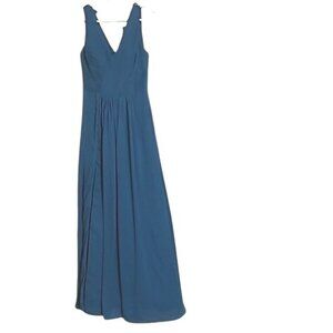 Loyeloy Blue Sleeveless V-Neck Pleated Maxi Dress For Women Size Med Minimalist